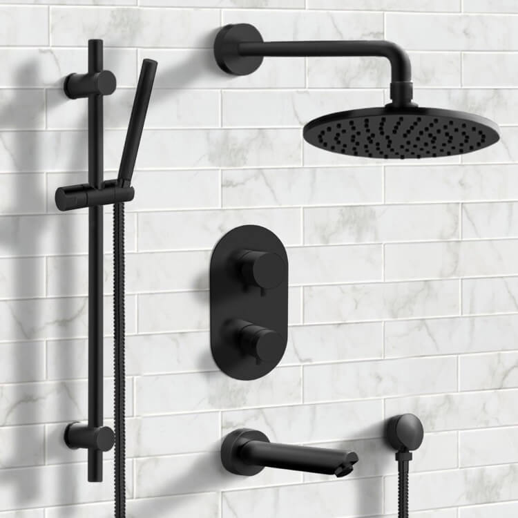 Tub and Shower Faucet Matte Black Thermostatic Tub and Shower System with 8 Inch Rain Shower Head and Hand Shower Remer TSR32